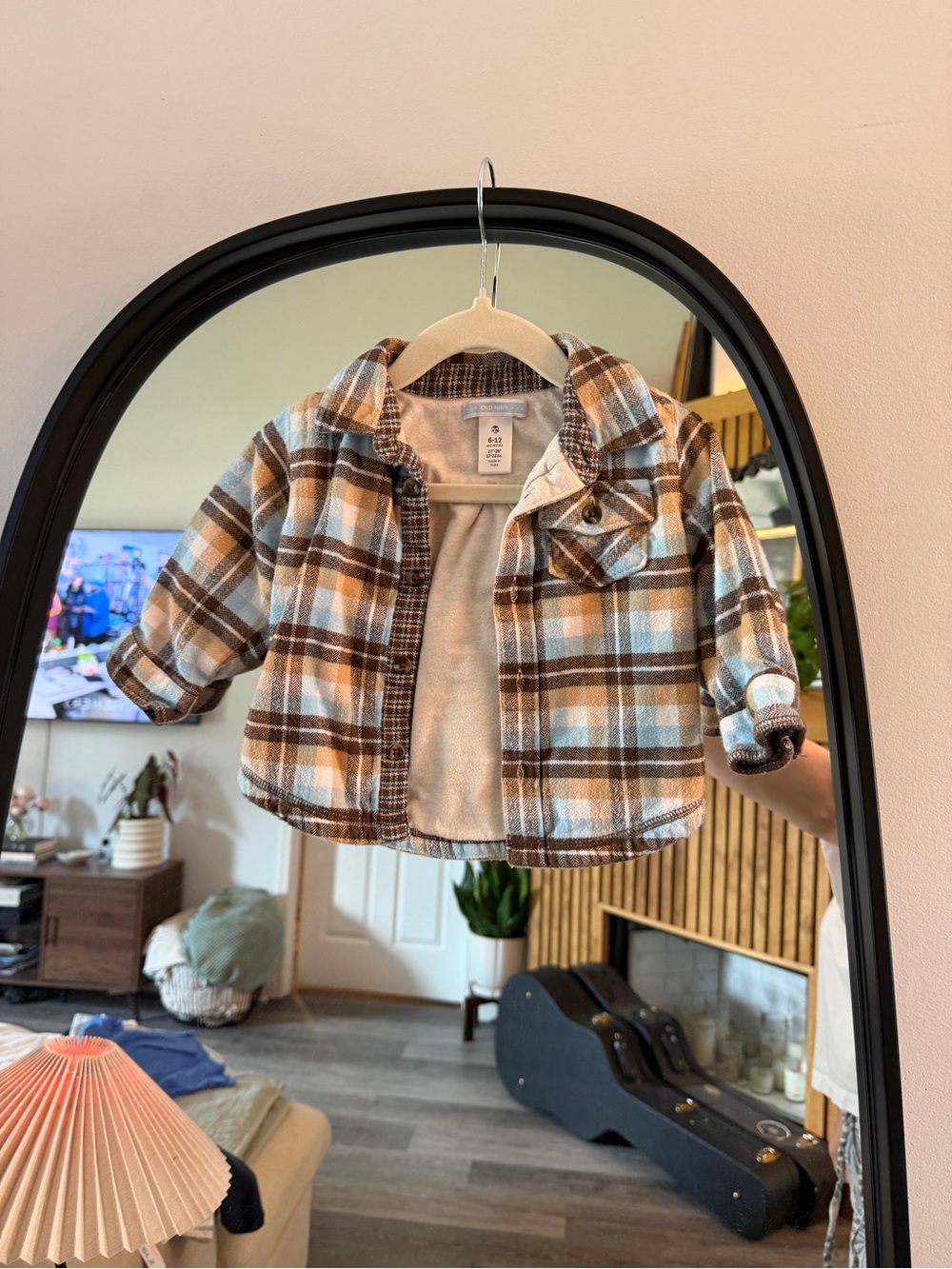 Old Navy Brown, Tan & Light Blue Plaid Fleece-Lined Button Shirt